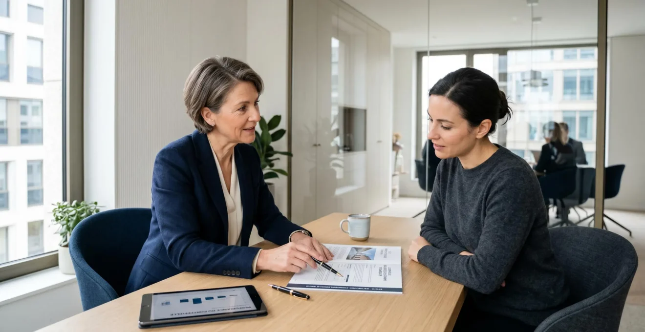 Conseillère en gestion de patrimoine expliquant des documents immobiliers à une cliente dans un bureau contemporain lumineux, tablette et dossiers sur la table