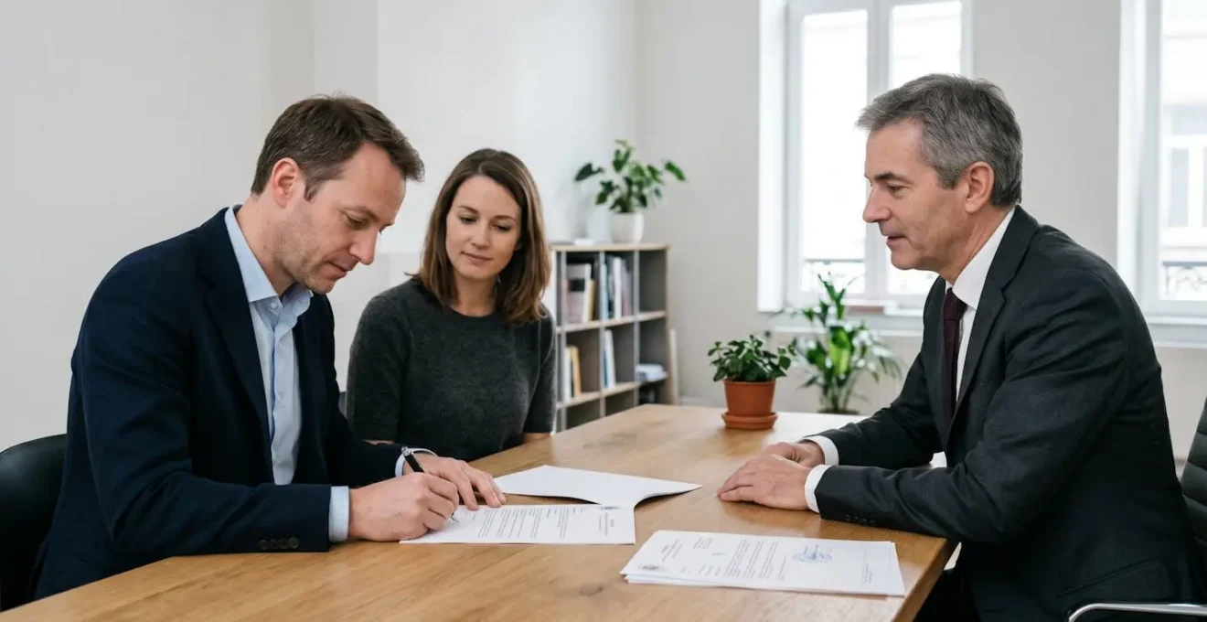 Couple d'acquéreurs signant un acte immobilier chez le notaire en Belgique, notaire observant, documents officiels sur le bureau, lumière naturelle, ambiance professionnelle